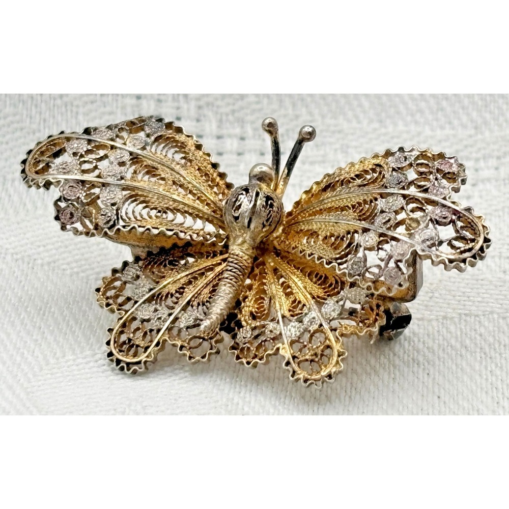 Vintage Filigree Butterfly Brooch 90 Silver‎ Plate Gold Wash Handmade Insect Pin